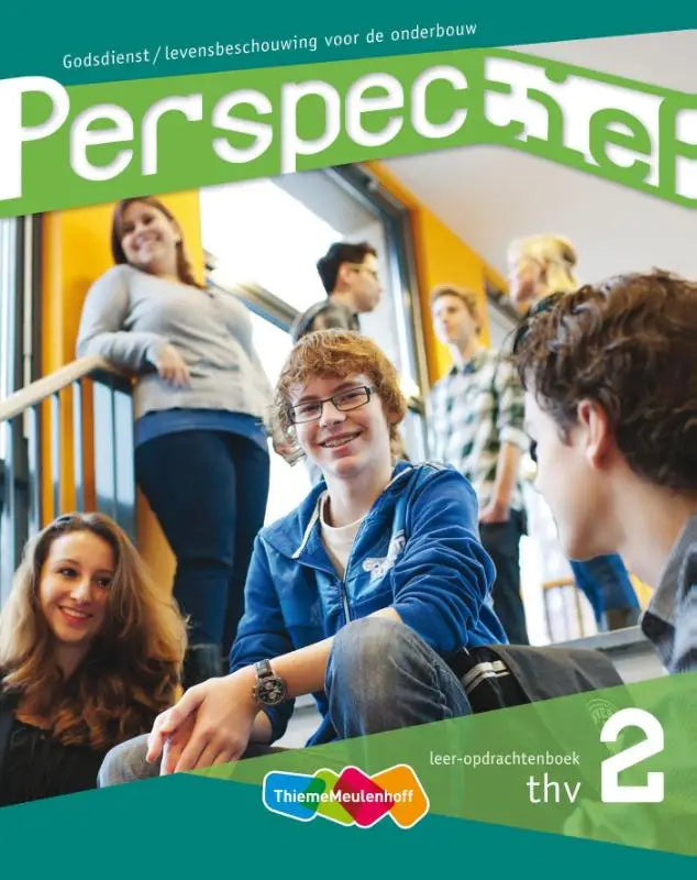 De cover van de perspectief student workbook voor godsdienst levensbeschouwing toont lachende tieners in schoolomgeving