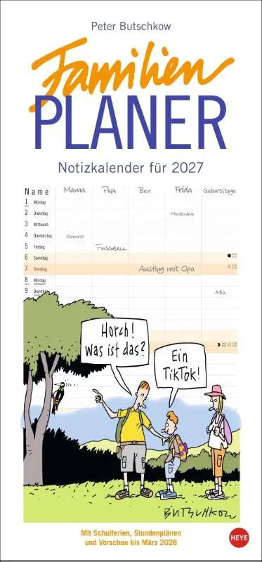 Dit is een 2027 family planner van peter butschkow met humorvoll illustrierter cover en schulferien und urenroosters