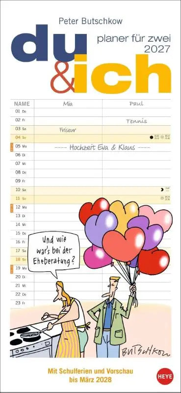 2027 du & ich planer van peter butschkow met cartoons aus dem pärchenalltag zum eintragen mit herzballons