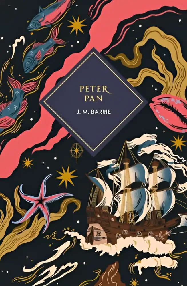 De peter pan vintage collector’s classic boekcover toont een kleurrijk ontwerp met een donkerblauwe achtergrond en illustraties van vissen, sterren en een schip