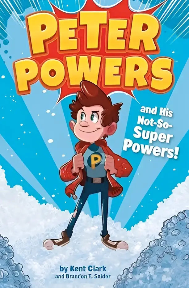 Een cartoonjongen met bruin haar en een rode cape draagt een grijs t-shirt met een geel p-logo in Peter Powers