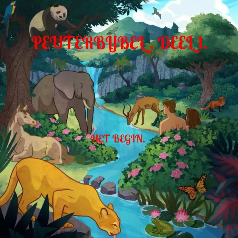Vibrante cartoonillustratie van een weelderige jungle met dieren en mensen voor jonge lezers in peuterbijbel deel 1