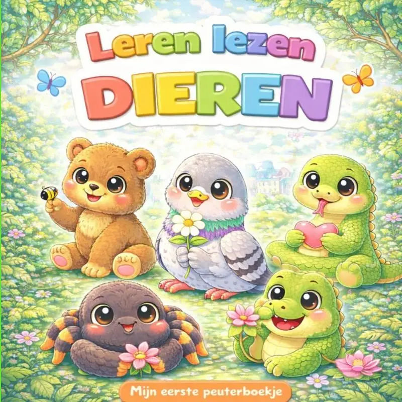 Colorful peuterboekje cover with cartoon animals in a garden designed for jonge lezers leren lezen