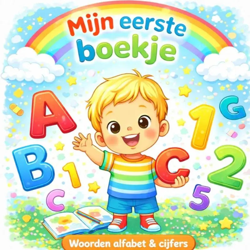 Kleurrijk peuterboekje leren lezen met woorden alfabet cijfers en vrolijke jongen in regenboog gestreepte kleding