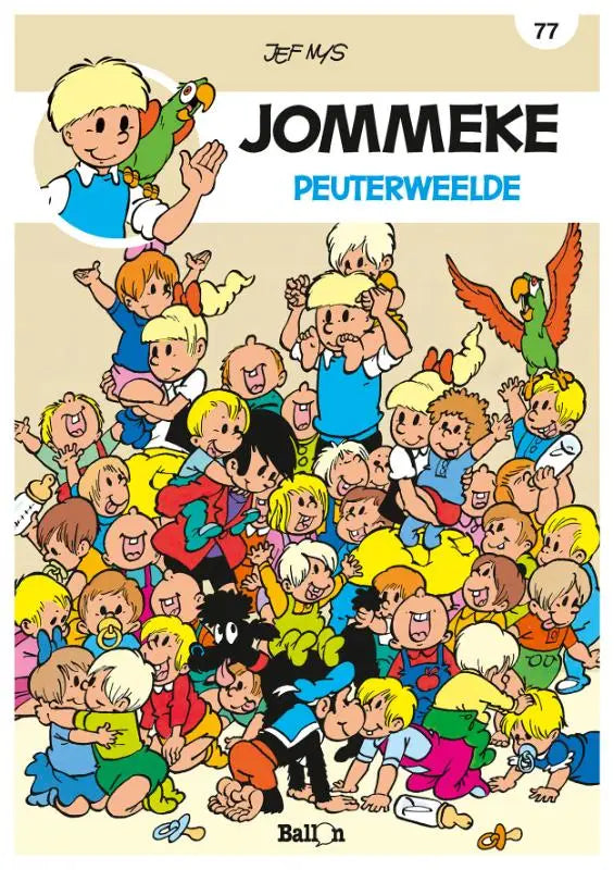 Jommeke peuterweelde comicboekcover door jef mys met kleurrijke kinderen en papegaaien voor strips algemeen