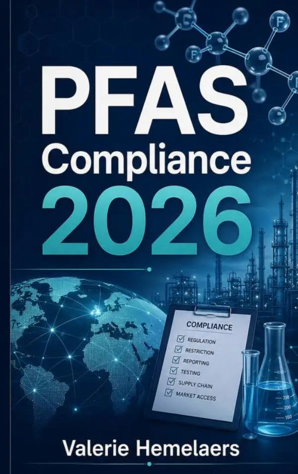 De boekcover van PFAS Compliance 2026 door Valerie Hemelaers toont product rules en reporting and global thema’s