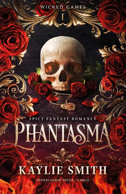 Een wit skull met gloeiende oranje ogen omgeven door rode rozen en gouden filigrein voor phantasma kaylie smith reeks wicked games