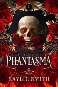 Zwarte en rode gothic boekcover met schedel en rozen voor phantasma vervloekt landhuis thema