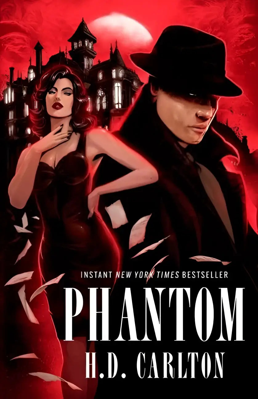Roodzwarte illustratie voor phantom b format edition boek met man in fedora en vrouw voor gotisch kasteel onder bloedmaan