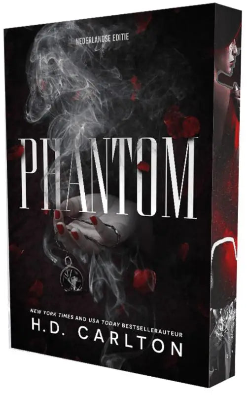 Zwarte boekcover van phantom met witte titel, spookachtige figuur en rode rozenblaadjes voor volwassen lezers dark romance