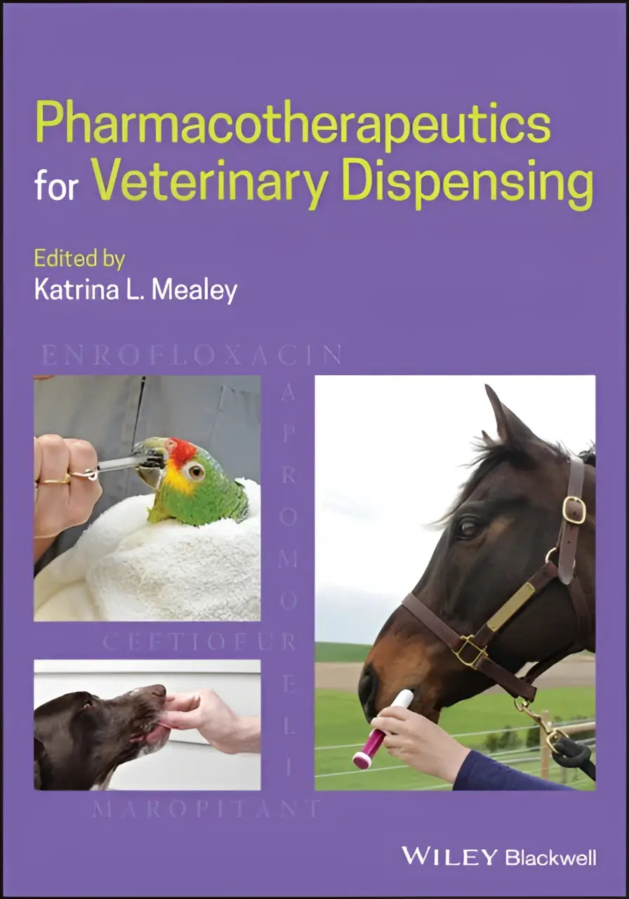 Paarse boekcover met gele tekst van farmacotherapeutica voor veterinaire dispensatie, bewerkt door katrina l