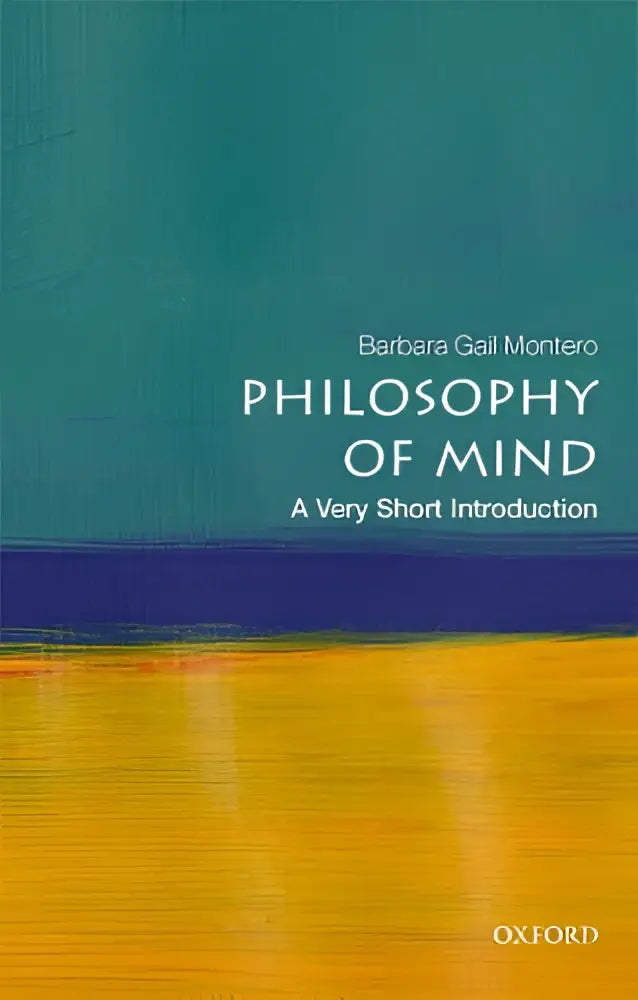 De boekcover van philosophy of mind een very short introduction heeft een minimalistisch ontwerp met teal en goud