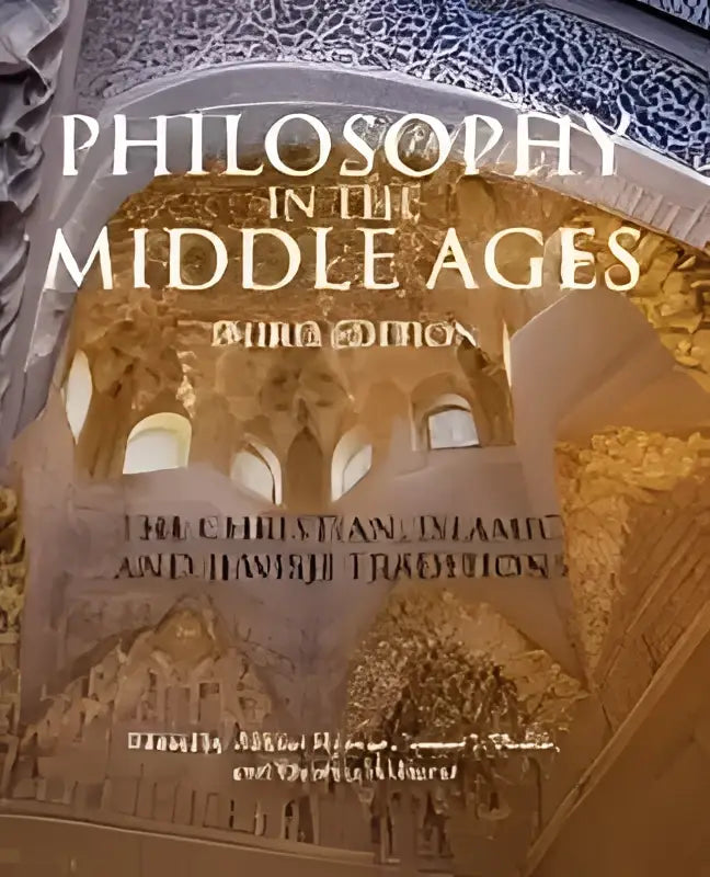 De boekcover van philosophy in the middle ages toont een gedetailleerde illustratie van een sierlijke, gebogen architectuur