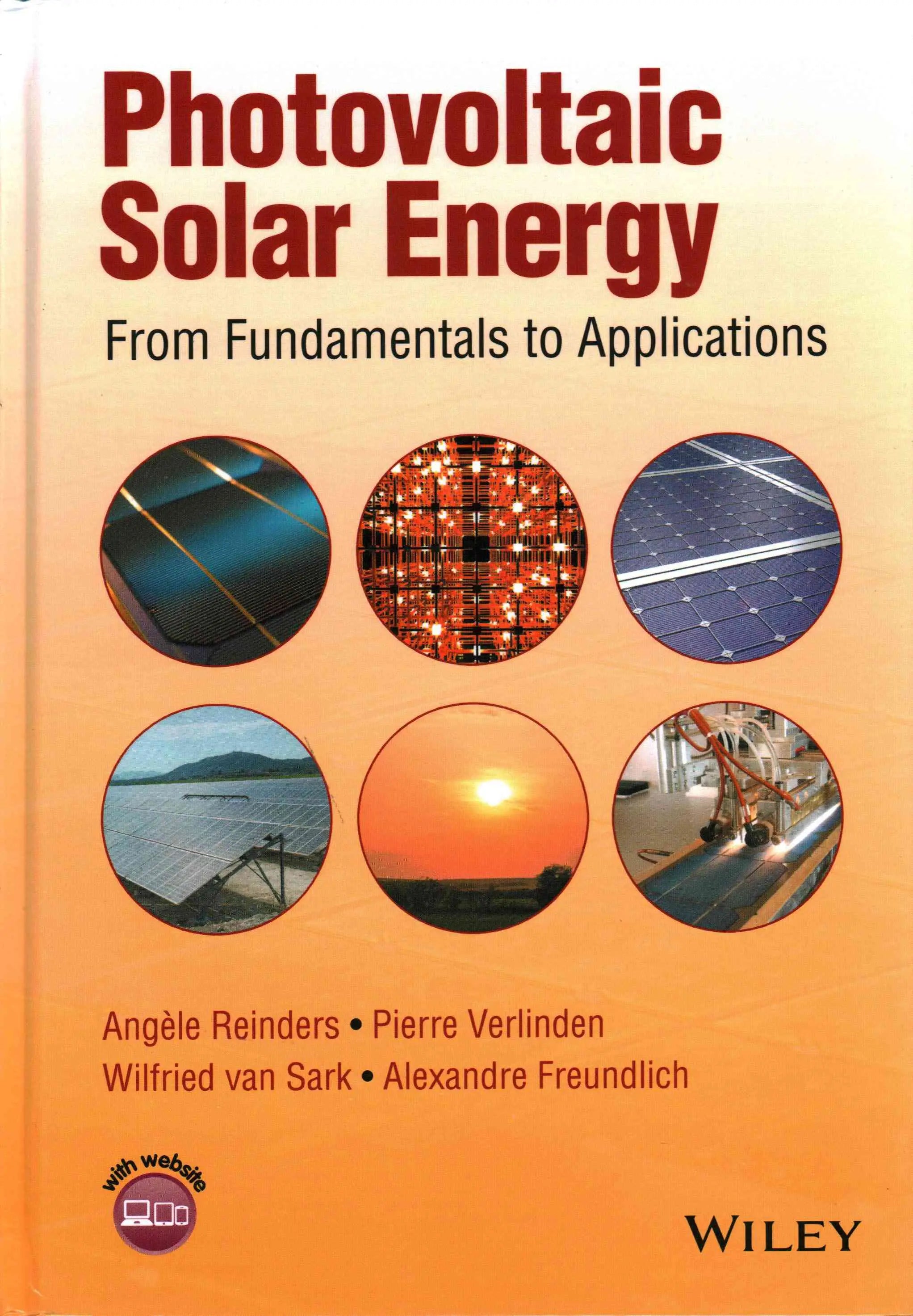 Oranje boekcover van photovoltaïc solar energy volume 1 door wiley met cirkelvormige afbeeldingen van zonnepanelen en zonsondergangen