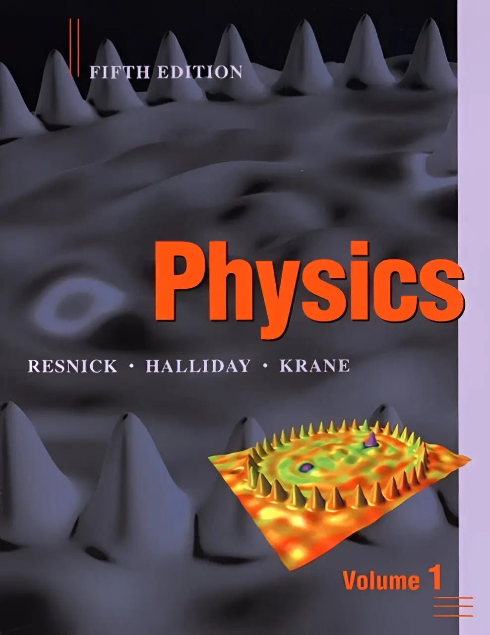 Fifth edition physics textbooks volume 1 by resnick halliday and krane with dark gray cover and colorful illustration
