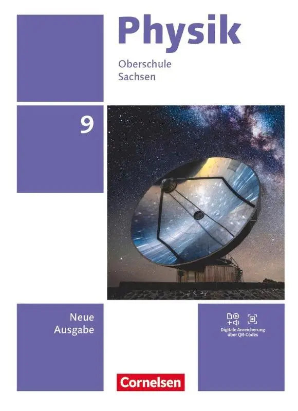 Cover van het fysieke leerboek physik 9 schuljahr nieuwe ausgabe sachsen met paarse en witte kleuren en satellietschotel