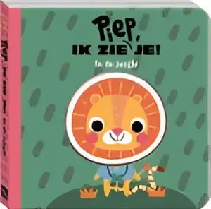 Een zachtroze kinderboek piep ik zie je met een vrolijke oranje leeuw en groene regendruppelpatronen voor verstoppertje spelen