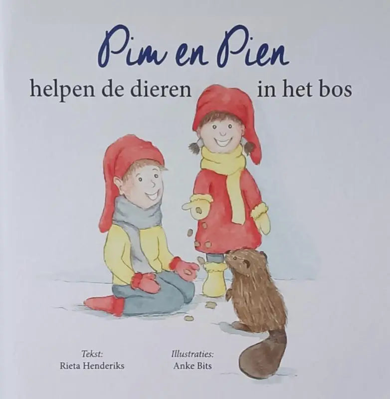 De cover van het kinderboek pim en pien helpen de dieren in het bos toont twee kinderen en een bever in het bos