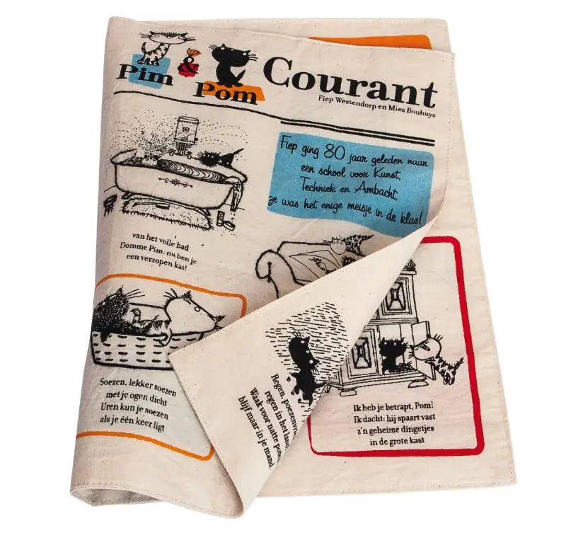 Beige katoenen theedoek met zwarte en oranje pom courant illustraties van pim en pom voor jonge lezers