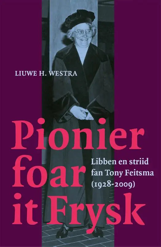 Purple book cover featuring a black and white photo of an elderly woman with bold pink text about striid fan tony feitsma