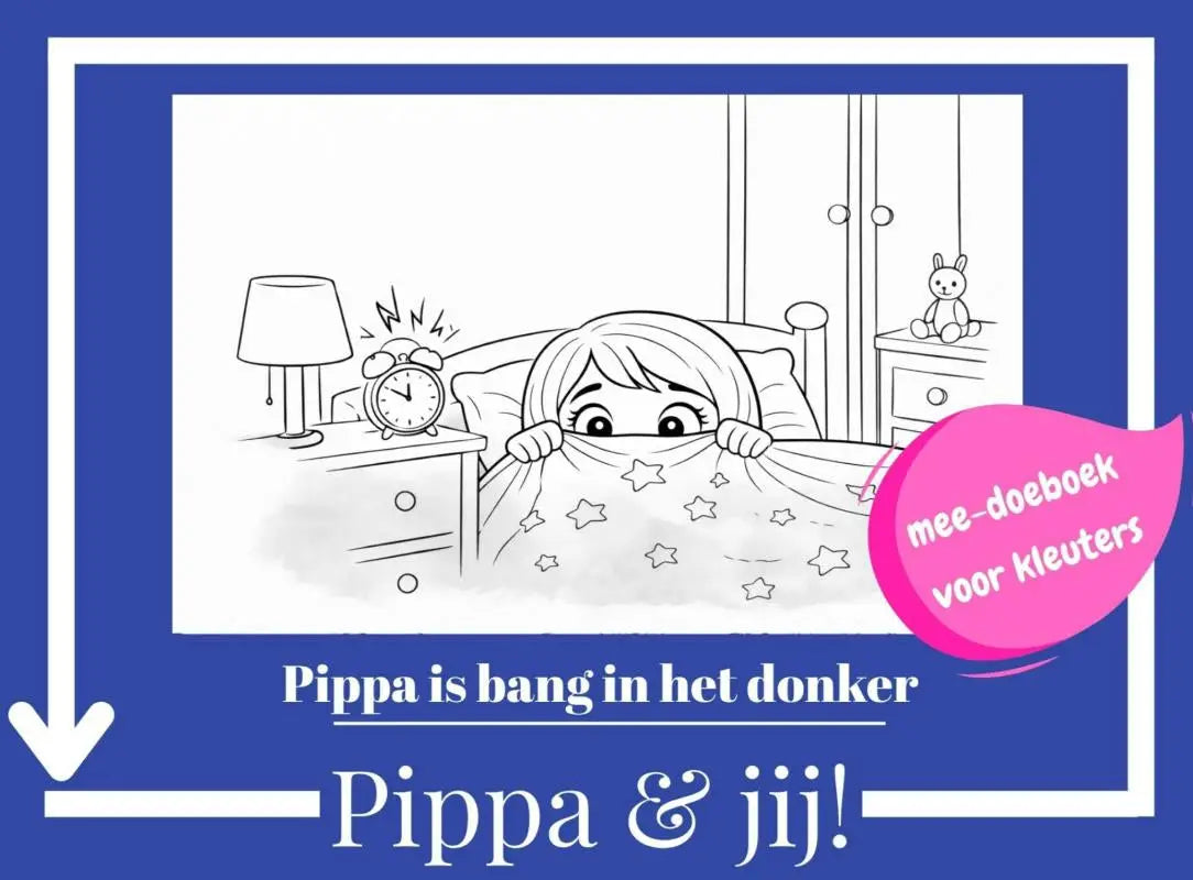 Zwart-wit lijntekening van cartoonmeisje onder deken met wekker, geschikt voor jonge lezers in pippa is bang in het donker