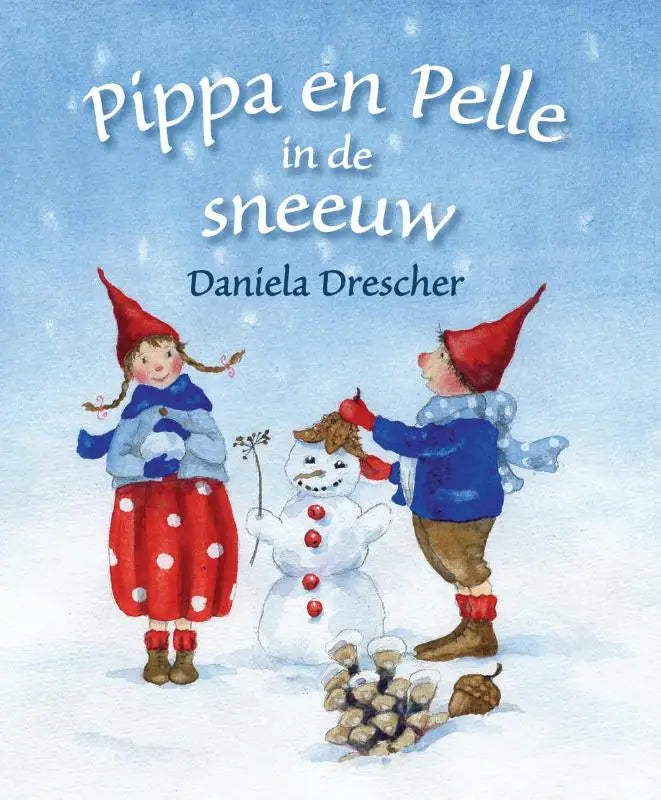 Een charmante aquarelillustratie van jonge lezers die met rode mutsen een sneeuwpop bouwen in pippa en pelle in de sneeuw