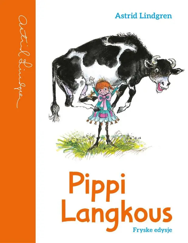 Cover van pippi langkous door astrid lindgren met een zwart-witte cartoonkoe met horens voor jonge lezers