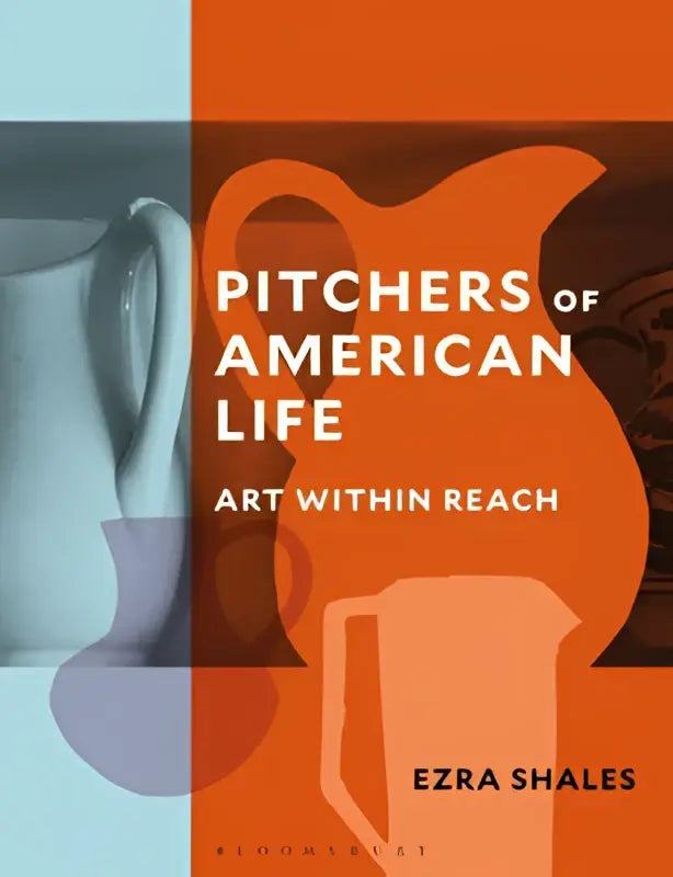 De boek cover van Pitchers of American Life door Ezra Shales toont een oranje en teal ontwerp met witte silhouetten en brengt art within reach