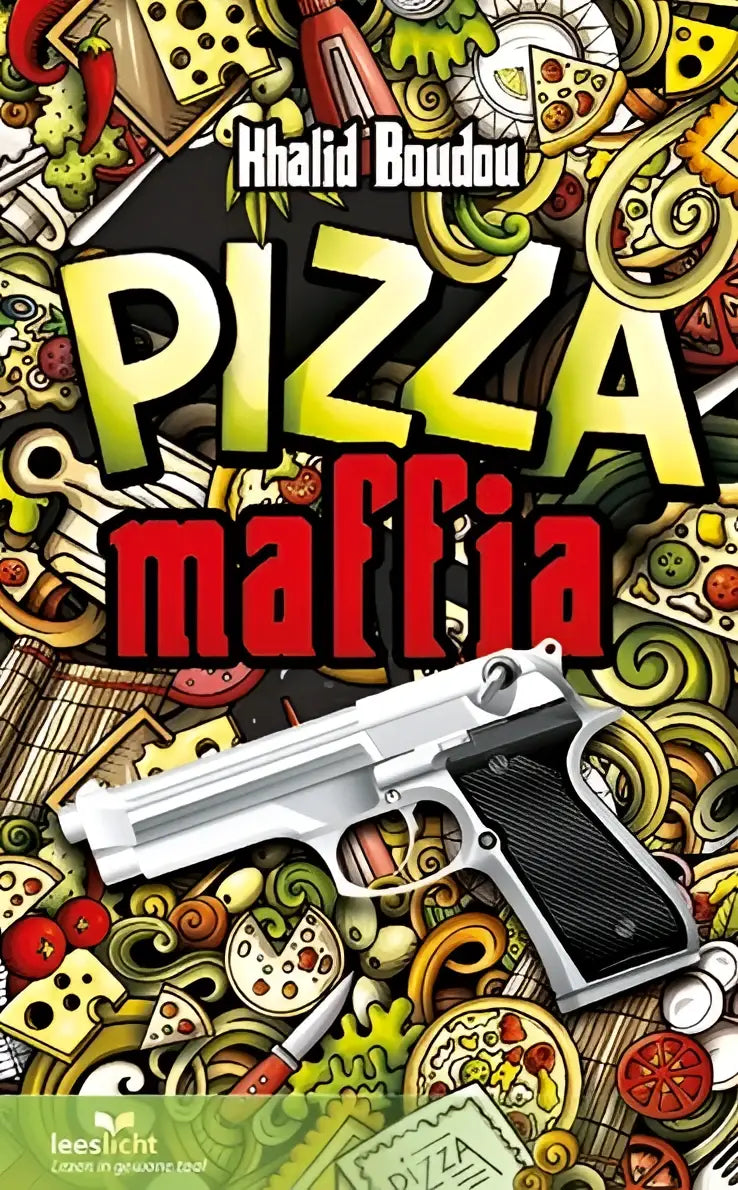 Gestileerde cartoonillustratie van een zilveren en zwarte pistool met een getextureerde grip voor pizzamaffia product