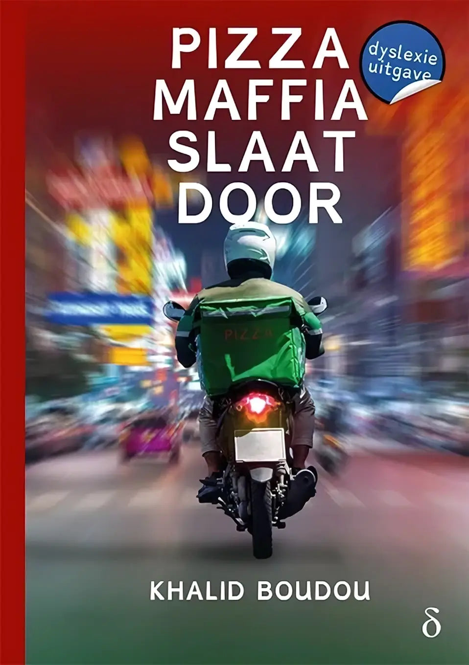 Groene bezorgtas met pizza opdruk gezien vanaf de achterkant gedragen door een rijdende bezorger pizzamaffia slaat