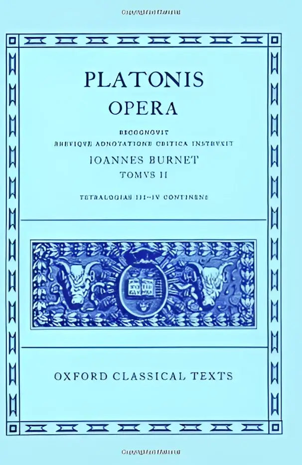 Blauw-witte boekomslag met ornamenten en klassieke schreefletters voor platonis opera volume ii