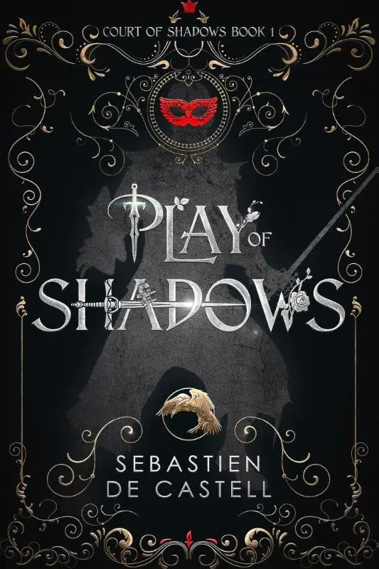 Zwart boek met zilveren sierlijke letters en rode maskerembleem voor play of shadows met wit en swordplay