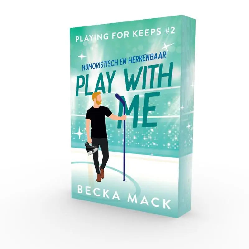 Teal en wit hardcover boek play with me van becka mack met geïllustreerde ijshockeyspeler en steamy romance thema