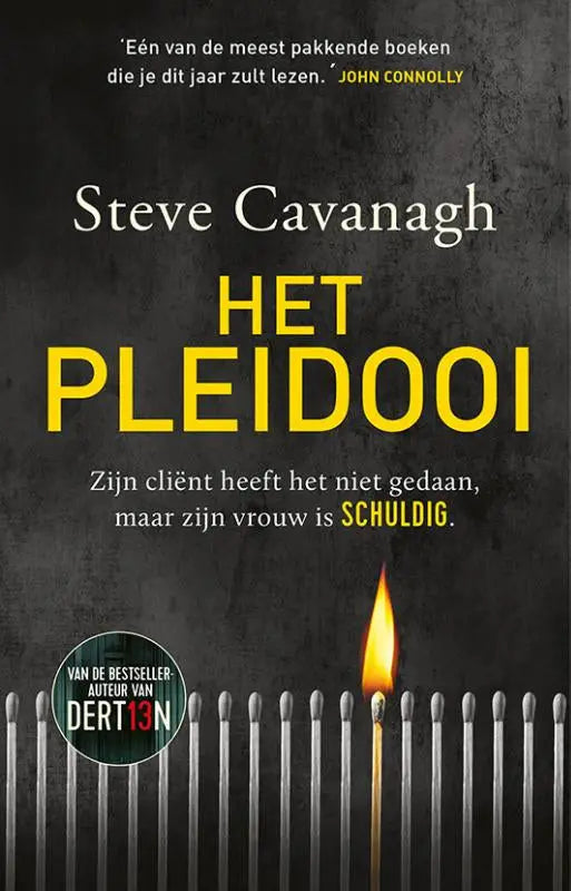 Een enkele brandende lucifer staat rechtop tussen ongebruikte lucifers op de cover van het boek het pleidooi van luitingh sijthoff
