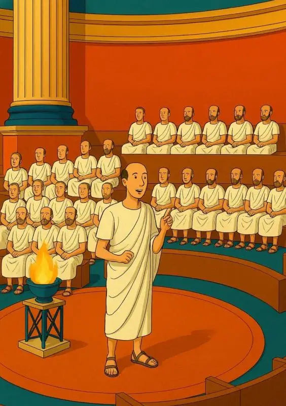 Een man in een witte toga spreekt voor een publiek in een oudromeins amfitheater bij prachtige teksten uit oude rome