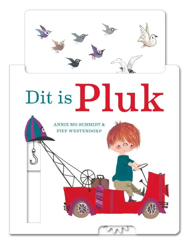 Rood geïllustreerd kinderboek dit is pluk met een cartoon jongen in een rode takelwagen met gestreepte hoed