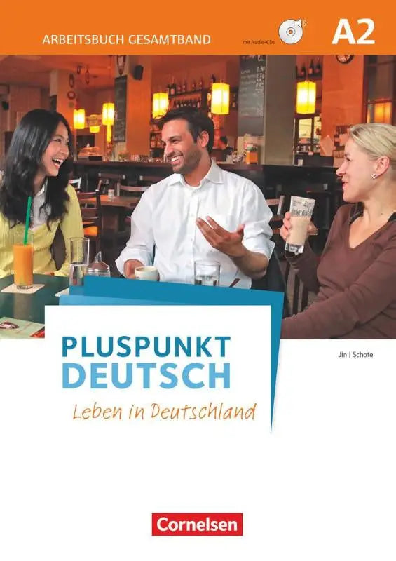 Cover van pluspunkt deutsch a2 arbeitsbuch mit lösungsbeileger met foto van drie mensen lachend aan een cafétafel