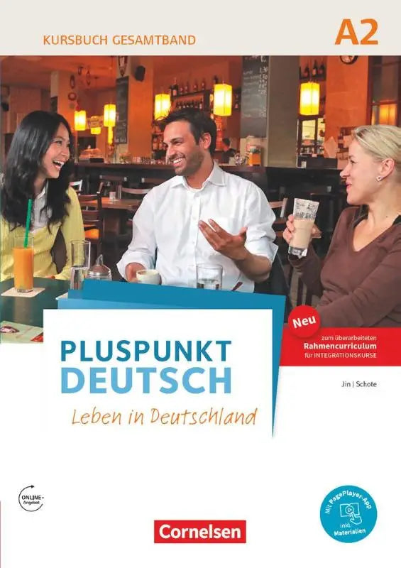 De cover van pluspunkt deutsch a2 binnen dezelfde reeks toont drie lachende mensen bij een cafétafel op een blauwe achtergrond