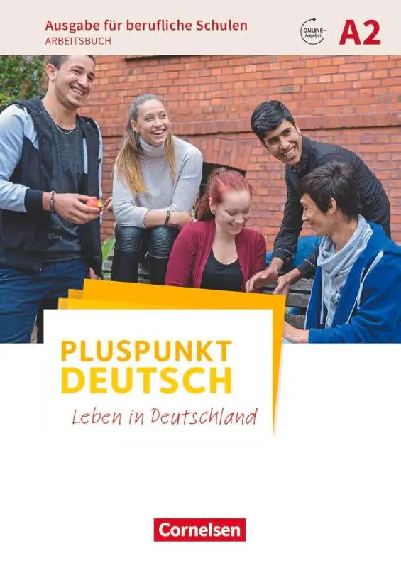 De cover van het pluspunkt deutsch a2 arbeitsbuch met een groep studenten en gele tekst voor berufliche schulen