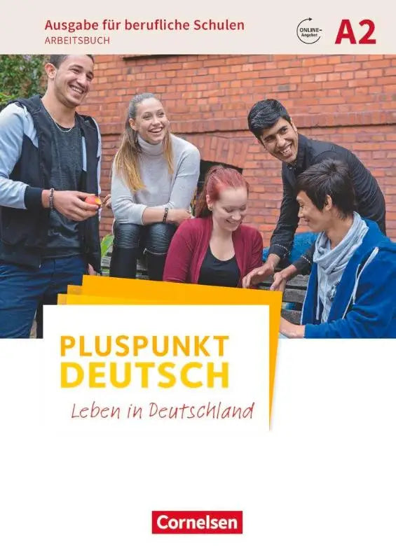 De cover van het pluspunkt deutsch a2 arbeitsbuch met gele tekst voor berufliche schulen en studentenfoto