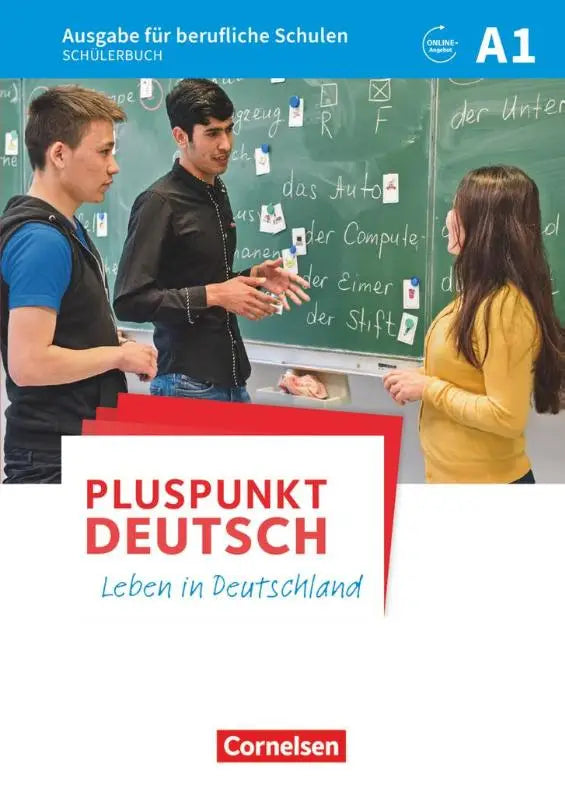 Pluspunkt deutsch schulbuch met audios online met cover van drie studenten voor een groene schoolbord voor beroepsscholen