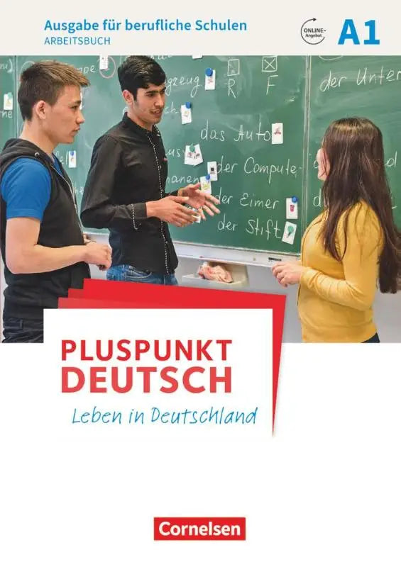 Pluspunkt deutsch a1 arbeitsbuch mit rot-blauem text auf weißem cover für berufliche schulen mit audio und lösungen