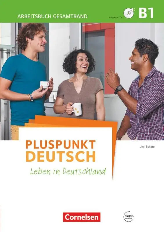 De cover van pluspunkt deutsch b1 arbeitsbuch mit lösungsbeileger toont drie lachende personen met mokken in een moderne kantooromgeving