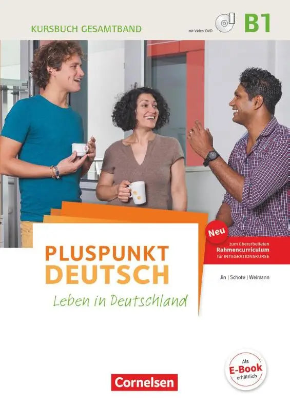 De cover van het pluspunkt deutsch b1 cursusboek binnen dezelfde reeks met een oranje en witte ontwerp en lachende mensen