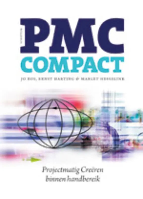 De cover van pmc compact toont navy blauwe en teal letters boven een wireframe globe binnen handbereik projectmatig creëren binnen