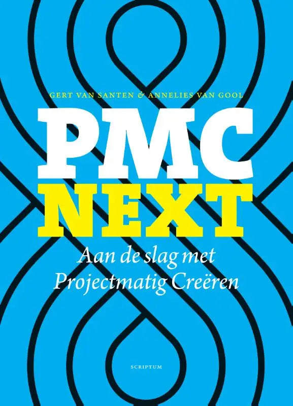 Blauwe boekcover pmc next met witte en gele tekst over projectmatig creëren en zwart concentrisch achtergrondpatroon