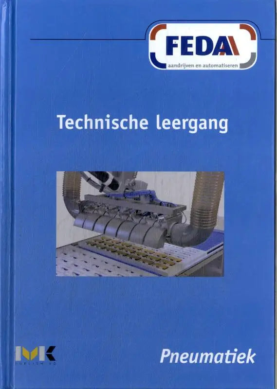 Blauw technisch leerboek pneumatiek met feda logo en afbeelding van industriële machines op de kaft