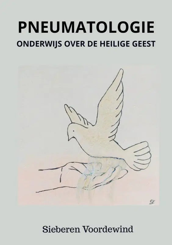 De cover van het boek pneumatalogie toont een minimalistische zwarte lijntekening van een duif en hand over heilige geest