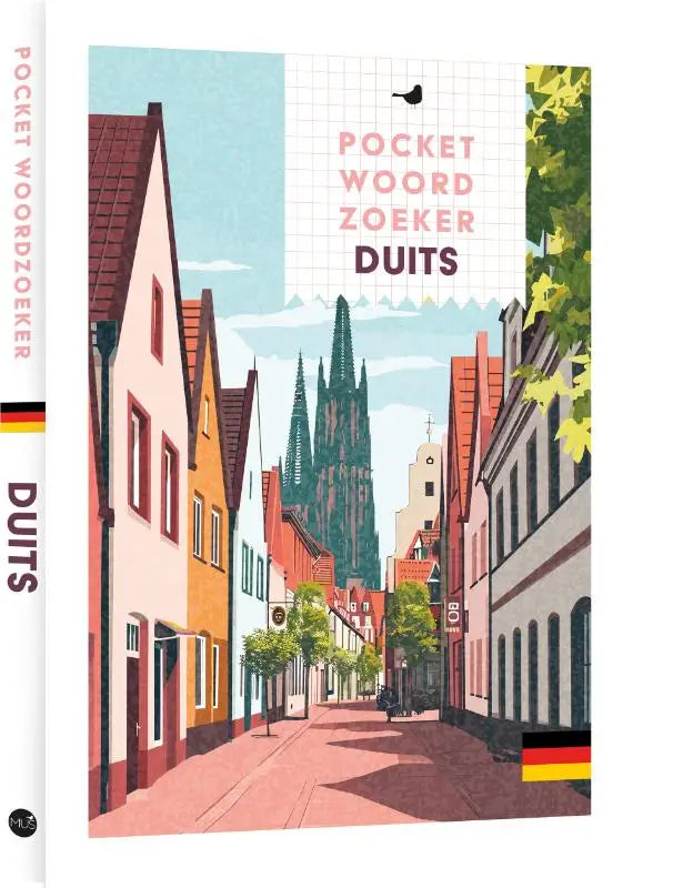 Pocket woordzoeker duits met kleurrijke geïllustreerde omslag van een europees straatbeeld