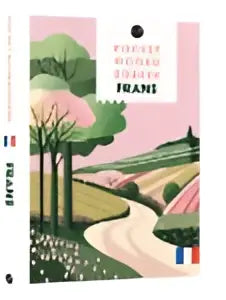 Pastelroze en groene lijst met landschapafdruk en gestileerde bomen langs een kronkelend pad voor pocket woordzoeker frans